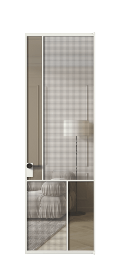 Межкомнатная дверь Mosaic АЛПЛ041.20 Алюминий светло-серый Декоративное стекло с сеткой "Mesh silver", триплекс, 6 мм + Прозрачное бронзовое стекло, триплекс, 6 мм Цена 132572 ₽ | Volhovec