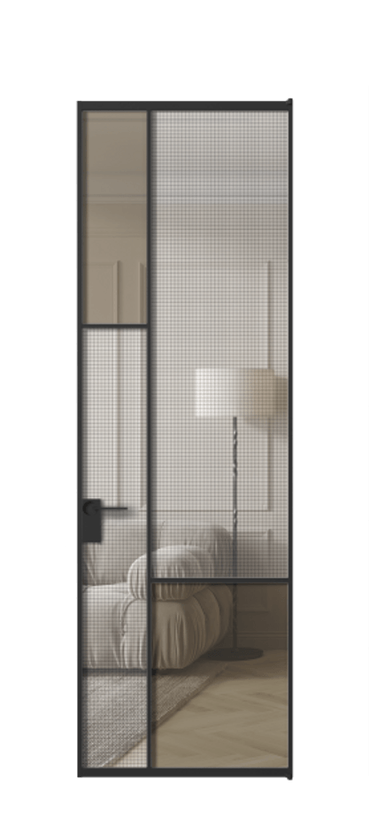 Межкомнатная дверь Mosaic АЛПЛ041.13 Алюминий Черный Декоративное стекло с сеткой "Mesh silver", триплекс, 6 мм + Прозрачное бронзовое стекло, триплекс Цена 166070 ₽ | Volhovec