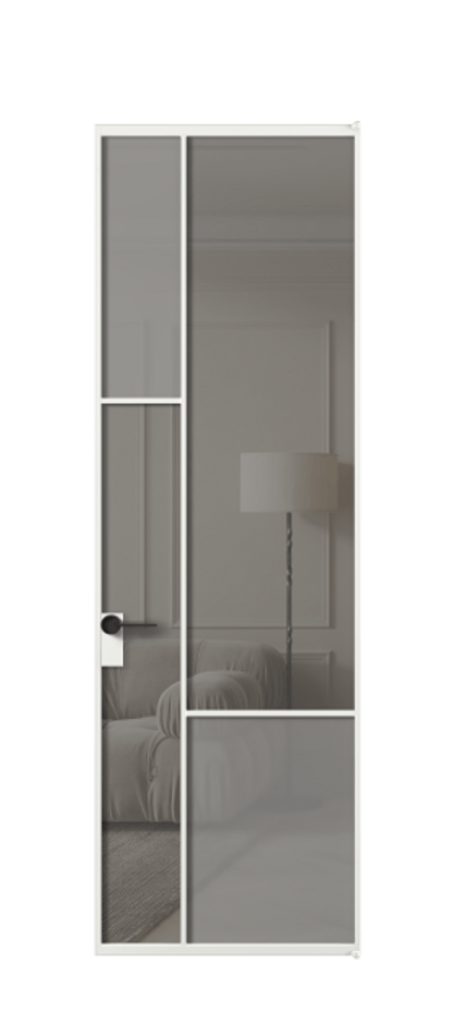 Межкомнатная дверь Mosaic АЛПЛ041.13 Алюминий белоснежный Сатинированное серое стекло, триплекс, 6 мм + Прозрачное серое стекло, триплекс Цена 165870 ₽ | Volhovec