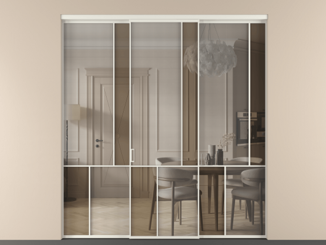 Перегородка Mosaic внутри проема трёхстворчатая АЛПР 041.21 Алюминий Белый Mesh silver + Бронза прозрачное триплекс Цена 330740 ₽ | Volhovec