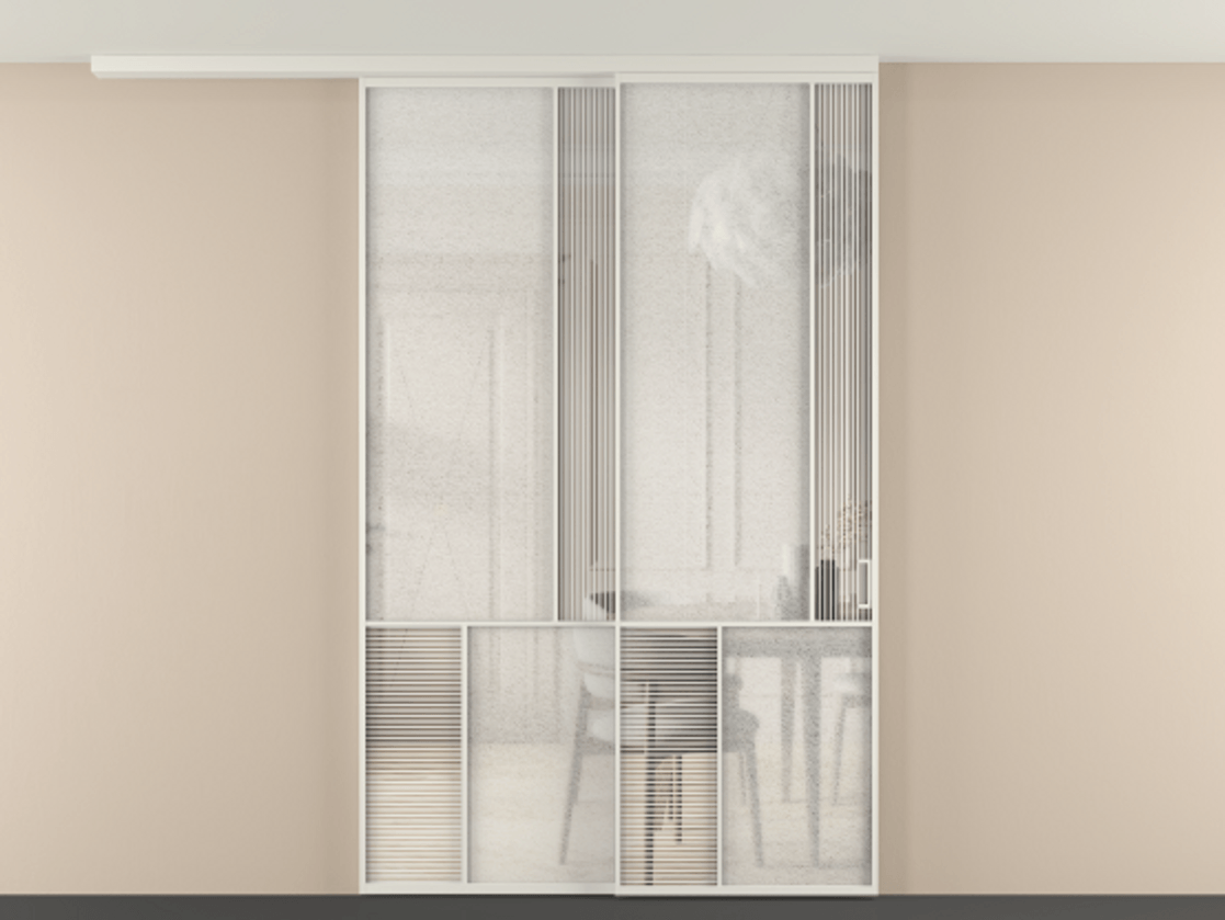 Перегородка Mosaic вдоль стены на потолок 2 створки с синхронным механизмом АЛПР 041.21 Алюминий Белый Рифлёное стекло "Дюна", триплекс, 6 мм + Фактурное стекло "Лёд", триплекс Цена 345520 ₽ | Volhovec