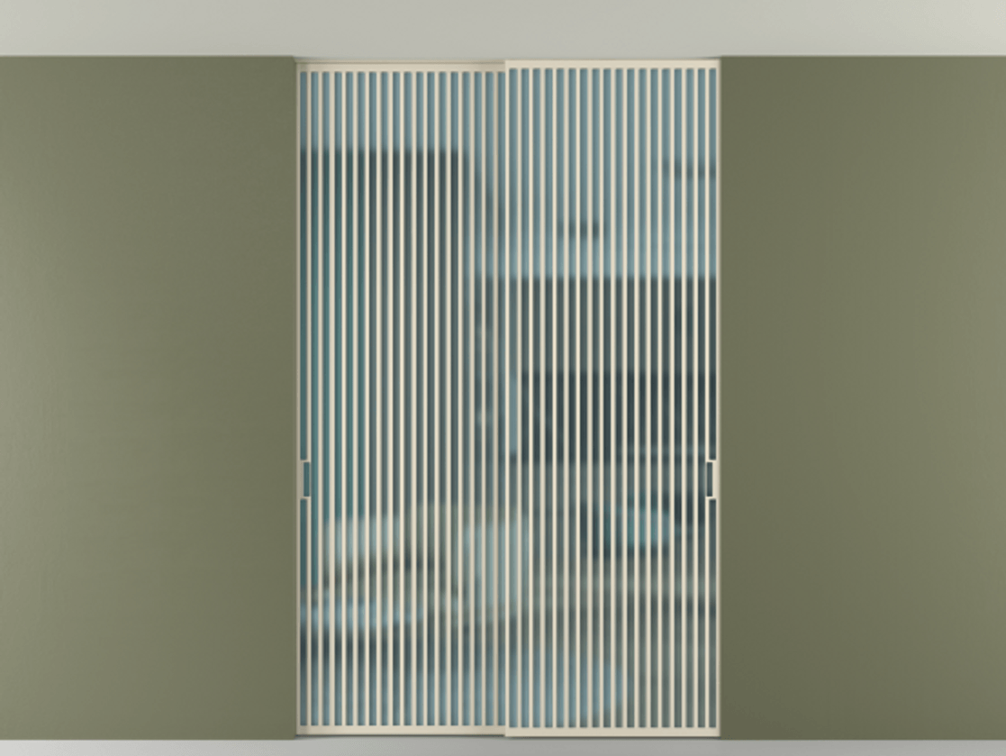 Перегородка Formato внутри проёма скрытое крепление в потолок 2 створки АЛПР 040.06 Алюминий бежево-серый Сатинированное голубое стекло, триплекс Цена 428956 ₽ | Volhovec