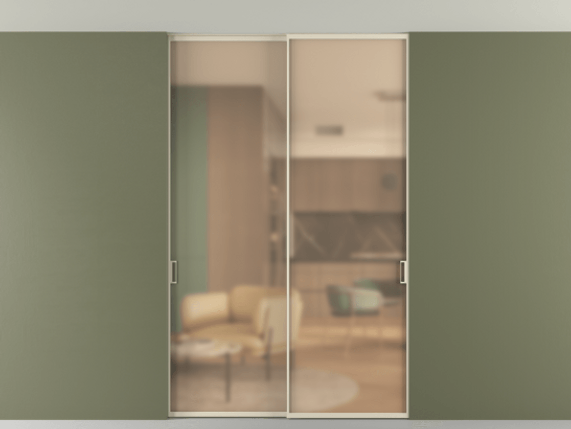 Межкомнатная дверь New Перегородка Formato внутри проёма двустворчатая со скрытым креплением в потолок АЛПР 040.01 Алюминий бежево-серый Сатинированное оранжевое стекло, триплекс Цена 246972  | Volhovec