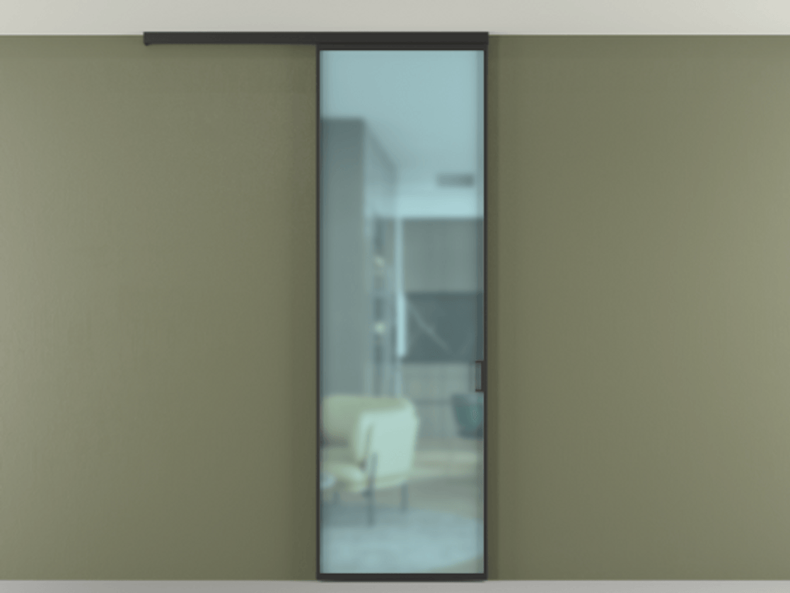 Перегородка Formato вдоль стены на потолок 1 створка АЛПР 040.01 Алюминий Черный Сатинированное голубое стекло, триплекс Цена 92544 ₽ | Volhovec