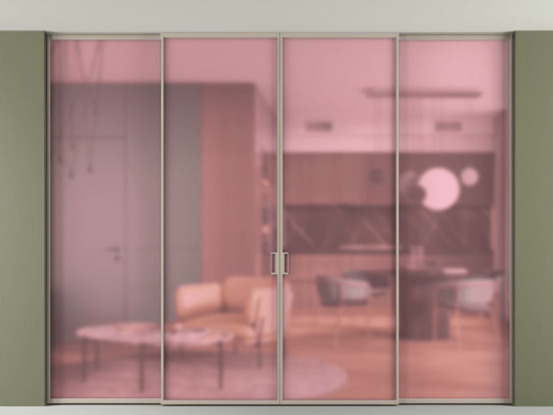 Перегородка Formato внутри проёма скрытое крепление в потолок 4 створки АЛПР 040.01 Алюминий бисквитный Сатинированное розовое стекло, триплекс Цена 438044 ₽ | Volhovec