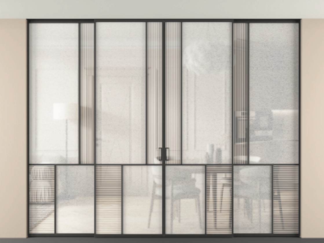 Перегородка Mosaic внутри проёма четырёхстворчатая со скрытым креплением в потолок АЛПР 041.20 Алюминий Черный Рифлёное стекло "Дюна", триплекс, 6 мм + Фактурное стекло "Лёд", триплекс, 6 мм. Скрытый короб ЧЕР Цена 573440 ₽ . Фабрика дверей Волховец 8 (800) 551 43 19 Перегородка Mosaic внутри проёма четырёхстворчатая со скрытым креплением в потолок АЛПР 041.20 Алюминий Черный Рифлёное стекло "Дюна", триплекс, 6 мм + Фактурное стекло "Лёд", триплекс, 6 мм Цена 573440 ₽ | Volhovec