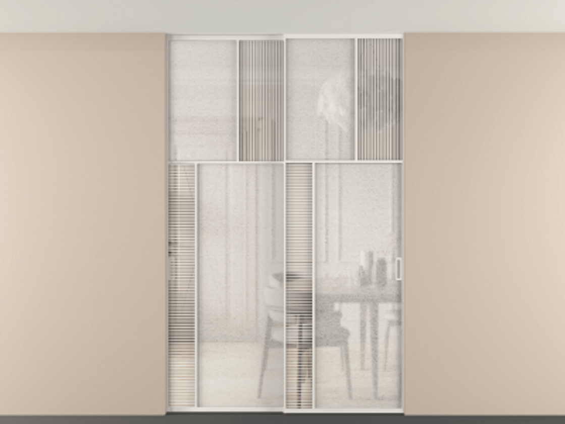 Перегородка Mosaic внутри проёма двустворчатая со скрытым креплением в потолок АЛПР 041.22 Алюминий Белый Рифлёное стекло "Дюна", триплекс, 6 мм + Фактурное стекло "Лёд", триплекс, 6 мм. Скрытый короб БЕЛ Цена 313020 ₽ . Фабрика дверей Волховец 8 (800) 551 43 19 Перегородка Mosaic внутри проёма двустворчатая со скрытым креплением в потолок АЛПР 041.22 Алюминий Белый Рифлёное стекло "Дюна", триплекс, 6 мм + Фактурное стекло "Лёд", триплекс, 6 мм Цена 313020 ₽ | Volhovec