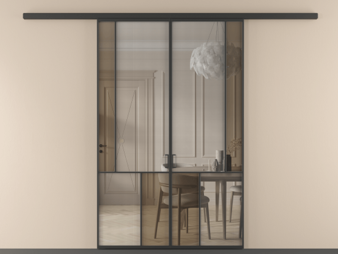 Перегородка Mosaic вдоль стены 2 створки АЛПР 041.21 Алюминий Черный Декоративное стекло с сеткой "Mesh silver", триплекс, 6 мм + Прозрачное бронзовое стекло, триплекс. Скрытый короб ЧЕР Цена 266080 ₽ . Фабрика дверей Волховец 8 (800) 551 43 19 Перегородка Mosaic вдоль стены 2 створки АЛПР 041.21 Алюминий Черный Декоративное стекло с сеткой "Mesh silver", триплекс, 6 мм + Прозрачное бронзовое стекло, триплекс Цена 266080 ₽ | Volhovec