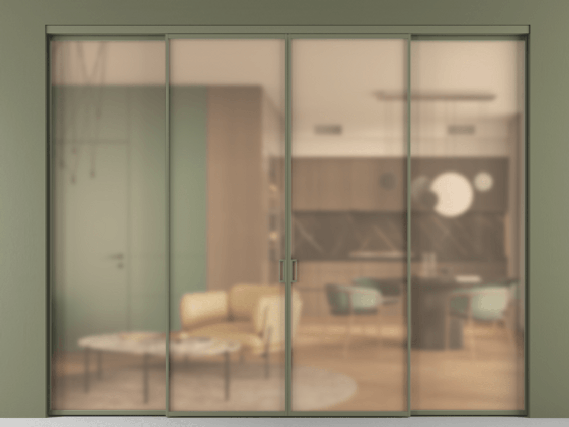 Перегородка Formato внутри проёма 4 створки АЛПР 040.01 Алюминий оливковый тёмный Сатинированное оранжевое стекло, триплекс Цена 319840 ₽  | Volhovec