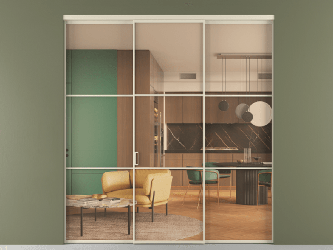 Перегородка Formato внутри проёма 3 створки АЛПР 040.03 Алюминий бежево-серый Прозрачное оранжевое стекло, триплекс Цена 248540 ₽ | Volhovec