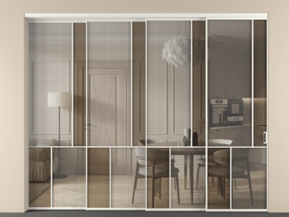 Перегородка Mosaic внутри проема телескопик синхро-4 АЛПР 041.21 Алюминий Белый Mesh silver + Бронза прозрачное триплекс Цена 542520 ₽ | Volhovec