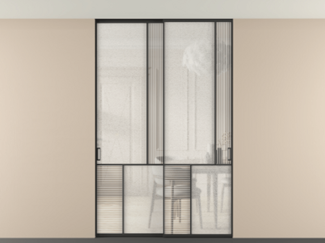 Перегородка Mosaic внутри проёма двустворчатая со скрытым креплением в потолок АЛПР 041.21 Алюминий Черный Рифлёное стекло "Дюна", триплекс, 6 мм + Фактурное стекло "Лёд", триплекс, 6 мм. Скрытый короб ЧЕР Цена 313020 ₽ . Фабрика дверей Волховец 8 (800) 551 43 19 Перегородка Mosaic внутри проёма двустворчатая со скрытым креплением в потолок АЛПР 041.21 Алюминий Черный Рифлёное стекло "Дюна", триплекс, 6 мм + Фактурное стекло "Лёд", триплекс, 6 мм Цена 313020 ₽ | Volhovec