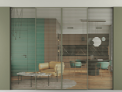 Алюминевая перегородка АЛПР 040.07_АОТ_Crystalvision_new. Цвет Алюминий оливковый тёмный. Материал Алюминий в эмали. Коллекция Перегородка Formato внутри проёма четырёхстворчатая со скрытым креплением в потолок. Картинка.