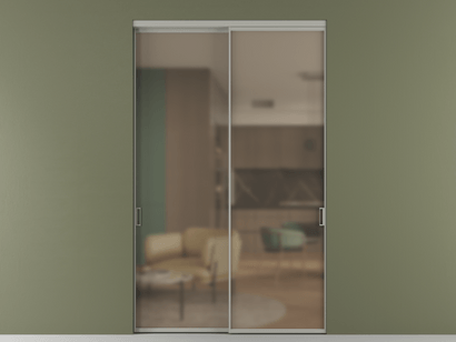 Алюминевая перегородка АЛПР 040.01_АНСР_Бронза сатин триплекс_new. Цвет Алюминий нейтральный серый. Материал Алюминий в эмали. Коллекция Перегородка Formato внутри проёма двустворчатая. Картинка.