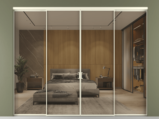 Алюминевая перегородка АЛПР 040.01_АМБ_Stopsol Bronze_new. Цвет Алюминий молочно-белый. Материал Алюминий в эмали. Коллекция Перегородка Формато внутри проёма 4 створки. Картинка.