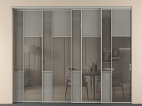 Алюминевая перегородка vntl4_5_АНСР_Серый сатин триплекс+Серый триплекс_new. Цвет Алюминий нейтральный серый. Материал Алюминий в эмали. Коллекция Перегородка Мозаик внутри проёма 4 створки с синхронным механизмом. Картинка.