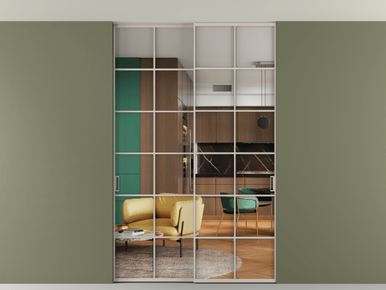 Алюминевая перегородка АЛПР 040.05_АСБЖ_Crystalvision_new. Цвет Алюминий светло-бежевый. Материал Алюминий в эмали. Коллекция Перегородка Formato внутри проёма скрытое крепление в потолок 2 створки. Картинка.