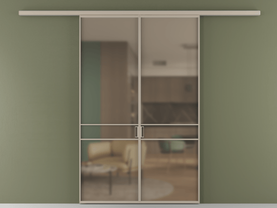 Алюминевая перегородка АЛПР 040.02_АБСК_Бронза сатин триплекс_new. Цвет Алюминий бисквитный. Материал Алюминий в эмали. Коллекция Перегородка Формато вдоль стены 2 створки. Картинка.