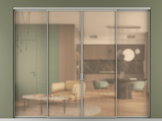 Алюминевая перегородка АЛПР 040.01_АНСР_САТ ОРАНЖ_new. Цвет Алюминий нейтральный серый. Материал Алюминий в эмали. Коллекция Перегородка Formato внутри проёма 4 створки. Картинка.