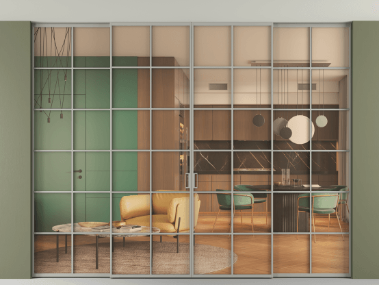 Алюминевая перегородка АЛПР 040.05_АНСР_ПРОЗ ОРАНЖ_new. Цвет Алюминий нейтральный серый. Материал Алюминий в эмали. Коллекция Перегородка Formato внутри проёма скрытое крепление в потолок 4 створки. Картинка.