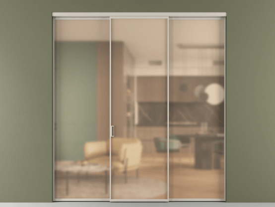 Алюминевая перегородка АЛПР 040.01_АСБЖ_САТ ОРАНЖ_new. Цвет Алюминий светло-бежевый. Материал Алюминий в эмали. Коллекция Перегородка Formato внутри проёма 3 створки. Картинка.