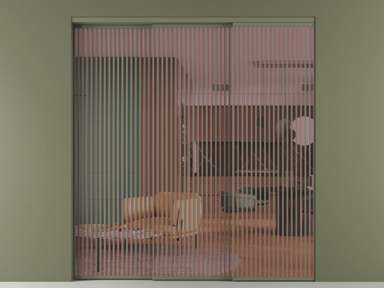 Алюминевая перегородка АЛПР 040.06_АОТ_ПРОЗ РОЗ_new. Цвет Алюминий оливковый тёмный. Материал Алюминий в эмали. Коллекция Перегородка Formato внутри проёма 3 створки с синхронным механизмом. Картинка.