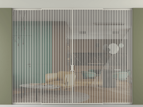 Алюминевая перегородка vn2+2_06 Алюминий тёплый серый Stopsol Clear. Цвет Алюминий тёплый серый. Материал Алюминий в эмали. Коллекция Перегородка Formato внутри проёма скрытое крепление в потолок 4 створки. Картинка.