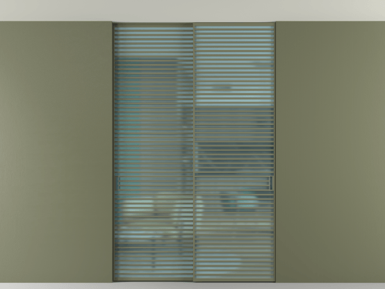 Алюминевая перегородка АЛПР 040.07_АОТ_САТ ГОЛ_new. Цвет Алюминий оливковый тёмный. Материал Алюминий в эмали. Коллекция Перегородка Formato внутри проёма скрытое крепление в потолок 2 створки. Картинка.