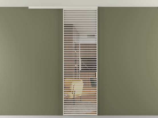 Алюминевая перегородка АЛПР 040.07_АОС_Crystalvision_new. Цвет Алюминий облачно-серый. Материал Алюминий в эмали. Коллекция Перегородка Формато вдоль стены на потолок 1 створка. Картинка.