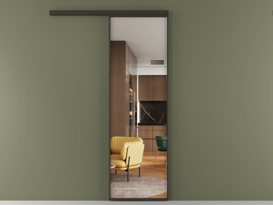 Алюминевая перегородка АЛПР 040.01_ААН_Crystalvision_new. Цвет Алюминий антрацит. Материал Алюминий в эмали. Коллекция Перегородка Формато вдоль стены 1 створка. Картинка.