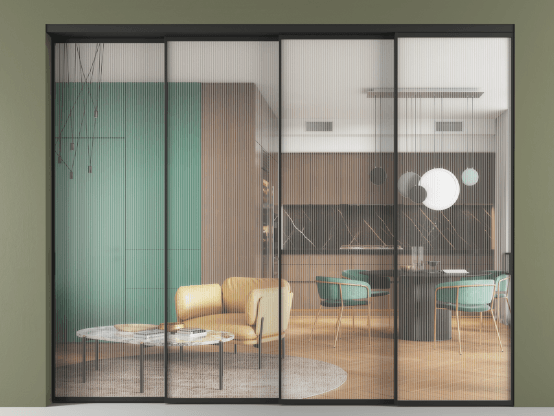 Алюминевая перегородка vn4_01 Moru ЧЕР. Цвет Алюминий Черный. Материал Алюминий. Коллекция Перегородка Формато внутри проёма 4 створки с синхронным механизмом. Картинка.