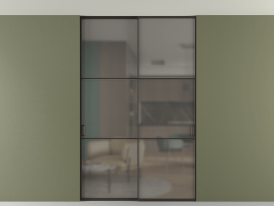 Алюминевая перегородка АЛПР 040.03_ААН_Серый сатин триплекс_new. Цвет Алюминий антрацит. Материал Алюминий в эмали. Коллекция Перегородка Формато внутри проёма скрытое крепление в потолок 2 створки. Картинка.