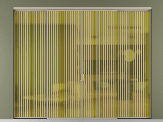 Алюминевая перегородка АЛПР 040.06_АБСК_САТ ЖЕЛ_new. Цвет Алюминий бисквитный. Материал Алюминий в эмали. Коллекция Перегородка Formato внутри проёма 4 створки. Картинка.