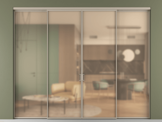 Алюминевая перегородка АЛПР 040.01_АБСК_САТ ОРАНЖ_new. Цвет Алюминий бисквитный. Материал Алюминий в эмали. Коллекция Перегородка Formato внутри проёма 4 створки. Картинка.