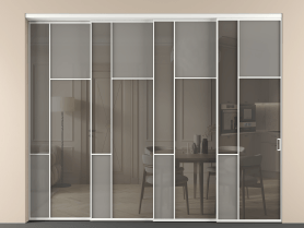 Алюминевая перегородка vntl4_5_АБЛ_Серый сатин триплекс+Серый триплекс_new. Цвет Алюминий белоснежный. Материал Алюминий в эмали. Коллекция Перегородка Мозаик внутри проёма 4 створки с синхронным механизмом. Картинка.