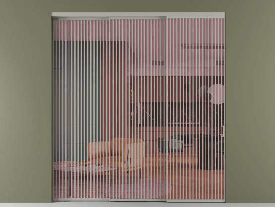 Алюминевая перегородка АЛПР 040.06_АНСР_ПРОЗ РОЗ_new. Цвет Алюминий нейтральный серый. Материал Алюминий в эмали. Коллекция Перегородка Formato внутри проёма 3 створки с синхронным механизмом. Картинка.