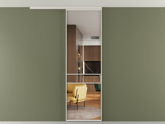 Алюминевая перегородка АЛПР 040.02_АОС_Crystalvision_new. Цвет Алюминий облачно-серый. Материал Алюминий в эмали. Коллекция Перегородка Формато вдоль стены на потолок 1 створка. Картинка.