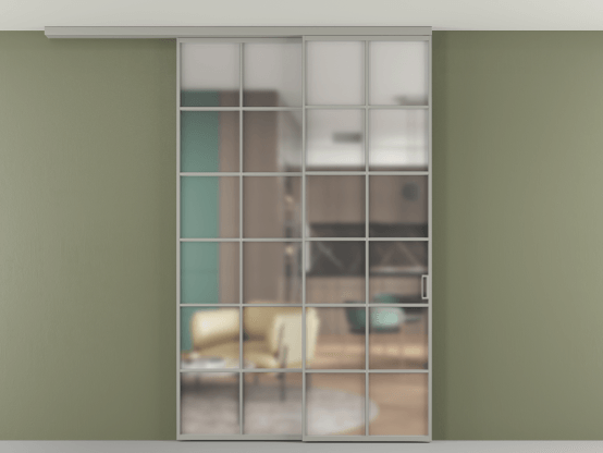 Алюминевая перегородка АЛПР 040.05_АНСР_Matelux Crystalvision_new. Цвет Алюминий нейтральный серый. Материал Алюминий в эмали. Коллекция Перегородка Formato вдоль стены на потолок 2 створки с синхронным механизмом. Картинка.