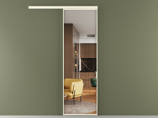 Алюминевая перегородка АЛПР 040.01_АМБ_Crystalvision_new. Цвет Алюминий молочно-белый. Материал Алюминий в эмали. Коллекция Перегородка Формато вдоль стены 1 створка. Картинка.