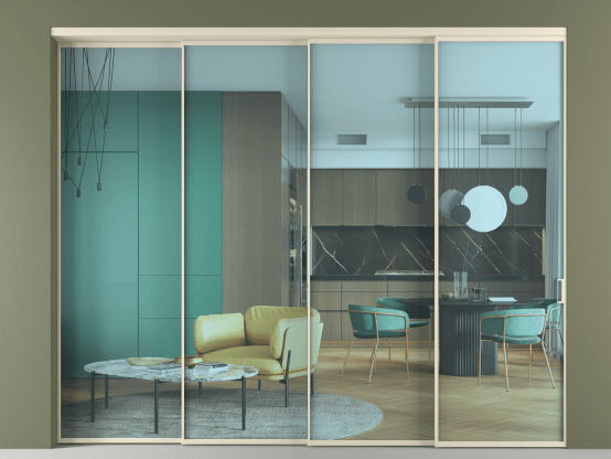 Алюминевая перегородка vn4_01_ Алюминий бежево-серый Прозрачное голубое стекло, триплекс, 6мм. Цвет Алюминий бежево-серый. Материал Алюминий в эмали. Коллекция Перегородка Formato внутри проёма 4 створки с синхронным механизмом. Картинка.