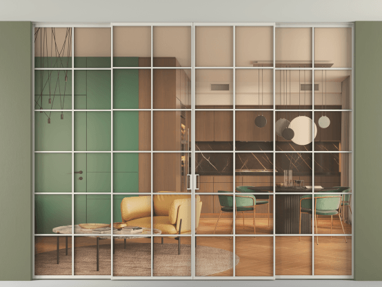 Алюминевая перегородка АЛПР 040.05_АОС_ПРОЗ ОРАНЖ_new. Цвет Алюминий облачно-серый. Материал Алюминий в эмали. Коллекция Перегородка Formato внутри проёма скрытое крепление в потолок 4 створки. Картинка.