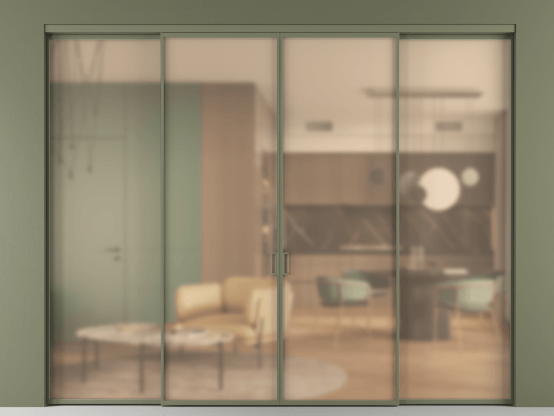 Алюминевая перегородка АЛПР 040.01_АОТ_САТ ОРАНЖ_new. Цвет Алюминий оливковый тёмный. Материал Алюминий в эмали. Коллекция Перегородка Formato внутри проёма 4 створки. Картинка.