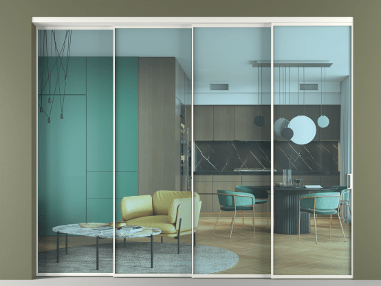 Алюминевая перегородка vn4_01_ Алюминий светло-серый Прозрачное голубое стекло, триплекс, 6мм. Цвет Алюминий светло-серый. Материал Алюминий в эмали. Коллекция Перегородка Formato внутри проёма 4 створки с синхронным механизмом. Картинка.