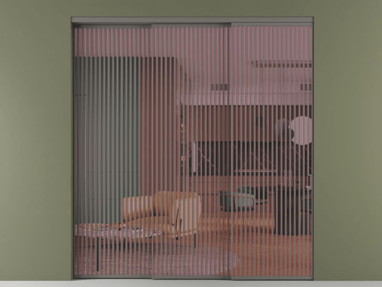 Алюминевая перегородка АЛПР 040.06_АКЛС_ПРОЗ РОЗ_new. Цвет Алюминий классический серый. Материал Алюминий в эмали. Коллекция Перегородка Formato внутри проёма 3 створки с синхронным механизмом. Картинка.