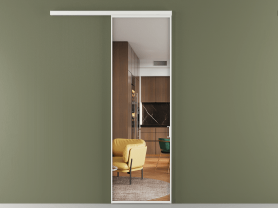 Алюминевая перегородка АЛПР 040.01_АБЛ_Crystalvision_new. Цвет Алюминий белоснежный. Материал Алюминий в эмали. Коллекция Перегородка Формато вдоль стены 1 створка. Картинка.