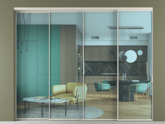 Алюминевая перегородка vn4_01_ Алюминий тёплый серый Прозрачное голубое стекло, триплекс, 6мм. Цвет Алюминий тёплый серый. Материал Алюминий в эмали. Коллекция Перегородка Formato внутри проёма 4 створки с синхронным механизмом. Картинка.