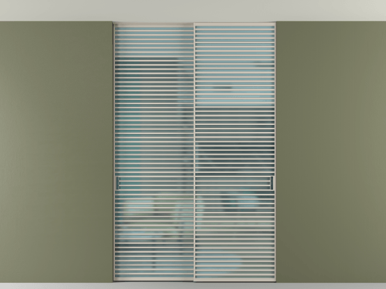 Алюминевая перегородка АЛПР 040.07_АСБЖ_САТ ГОЛ_new. Цвет Алюминий светло-бежевый. Материал Алюминий в эмали. Коллекция Перегородка Formato внутри проёма скрытое крепление в потолок 2 створки. Картинка.