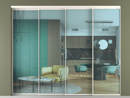 Алюминевая перегородка vn4_01_ Алюминий пудровый белый Прозрачное голубое стекло, триплекс, 6мм. Цвет Алюминий пудровый белый. Материал Алюминий в эмали. Коллекция Перегородка Formato внутри проёма 4 створки с синхронным механизмом. Картинка.