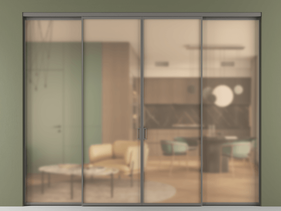 Алюминевая перегородка АЛПР 040.01_АКЛС_САТ ОРАНЖ_new. Цвет Алюминий классический серый. Материал Алюминий в эмали. Коллекция Перегородка Formato внутри проёма 4 створки. Картинка.