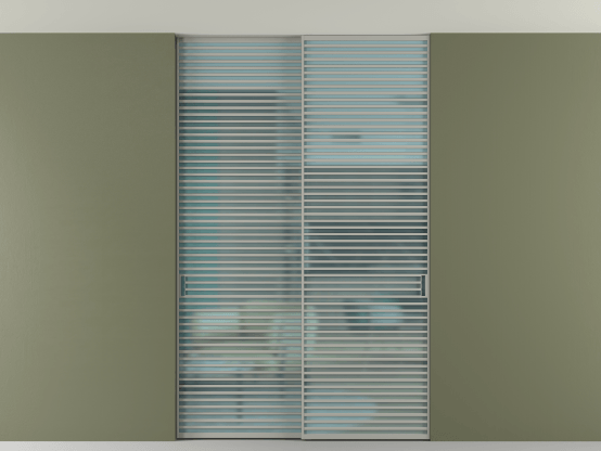 Алюминевая перегородка АЛПР 040.07_АНСР_САТ ГОЛ_new. Цвет Алюминий нейтральный серый. Материал Алюминий в эмали. Коллекция Перегородка Formato внутри проёма скрытое крепление в потолок 2 створки. Картинка.